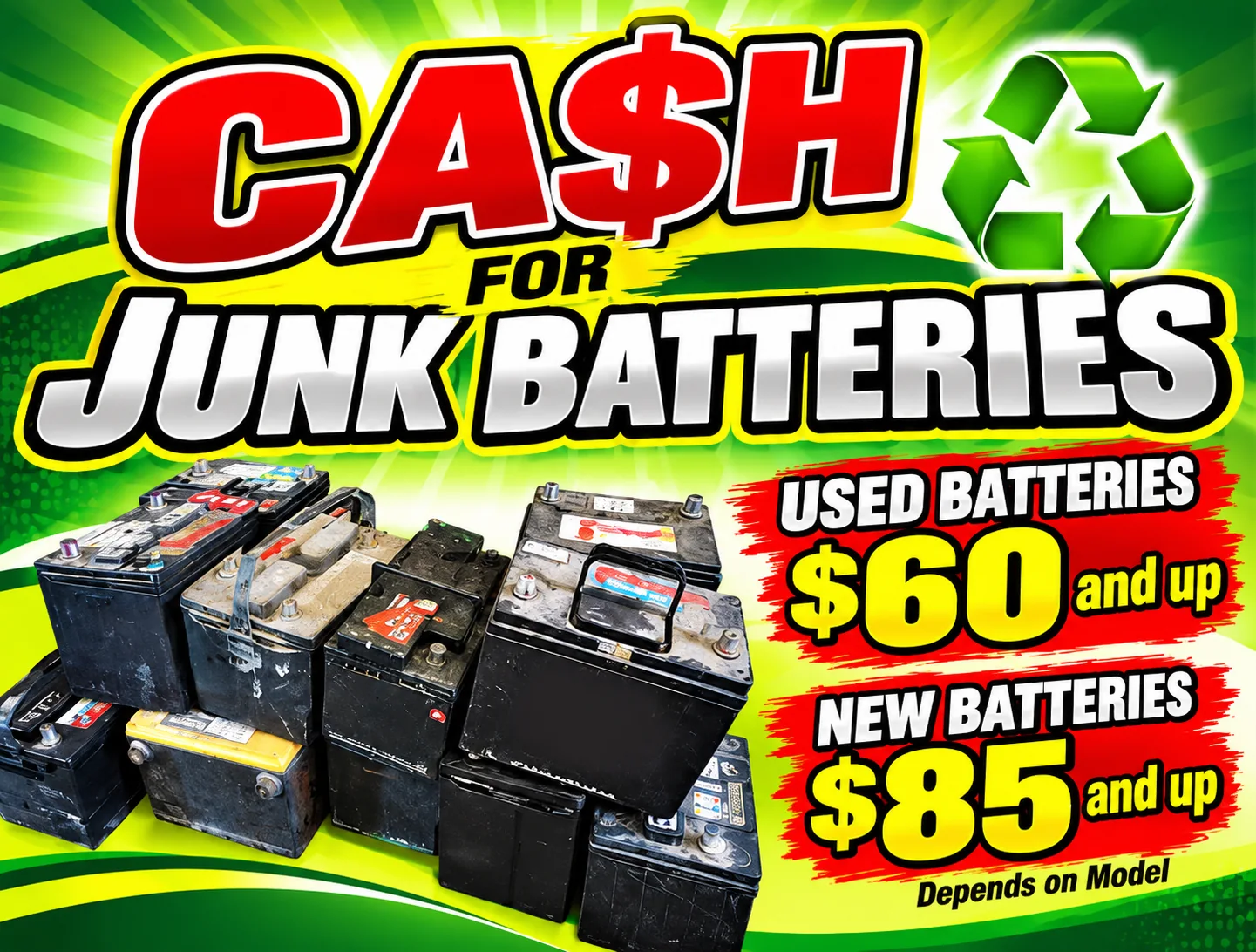 Cash for junk car batteries, used batteries from $60 and new car batteries from $85 at California Batteries Inc.